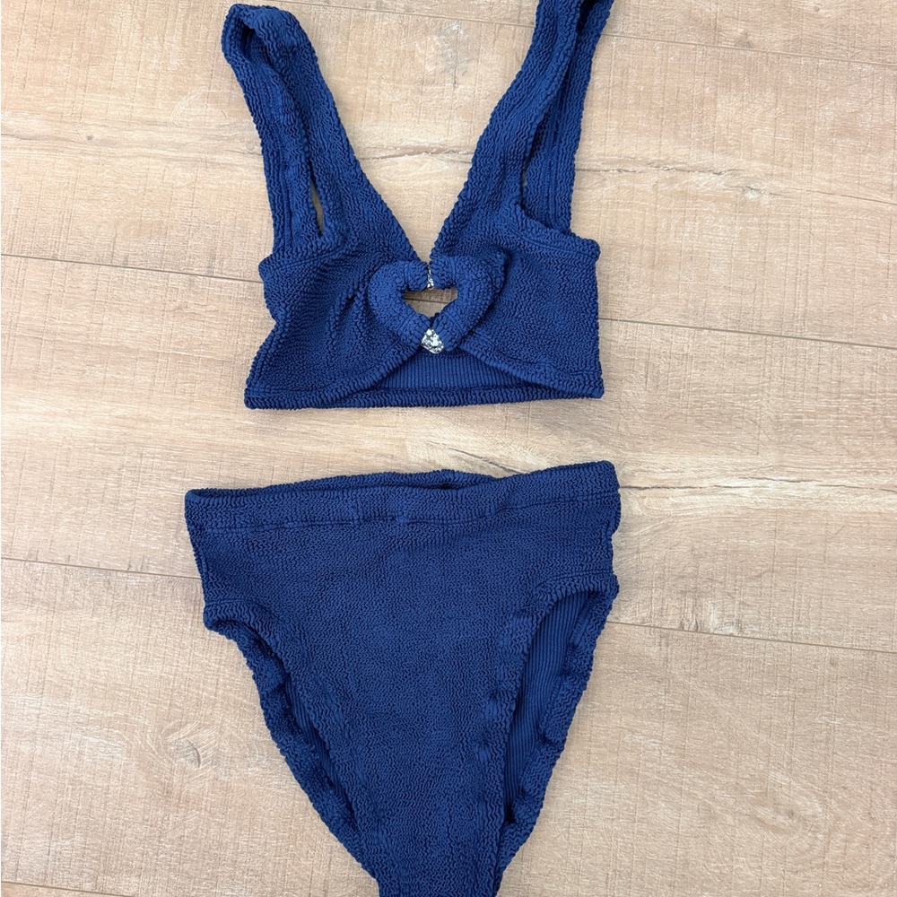 Hunza G Navy Textured Knitted Bikini with Center Knot